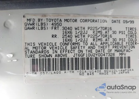 2000 Lexus Rx 300 300 z USA, uszkodzony, nr VIN JT6GF10U2Y0047328